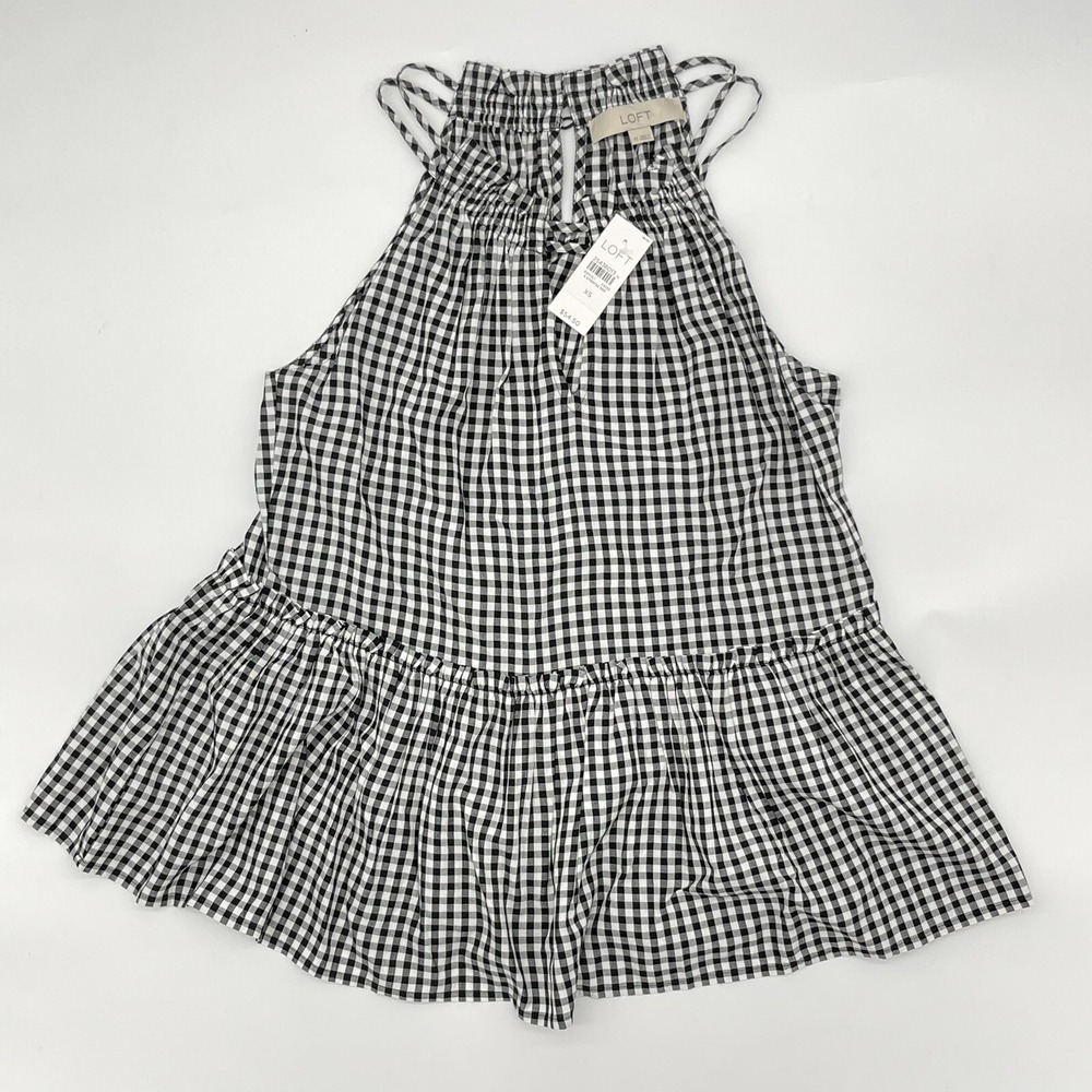 New LOFT Black White Gingham Peplum Sleeveless Top Women's Size XS NWT